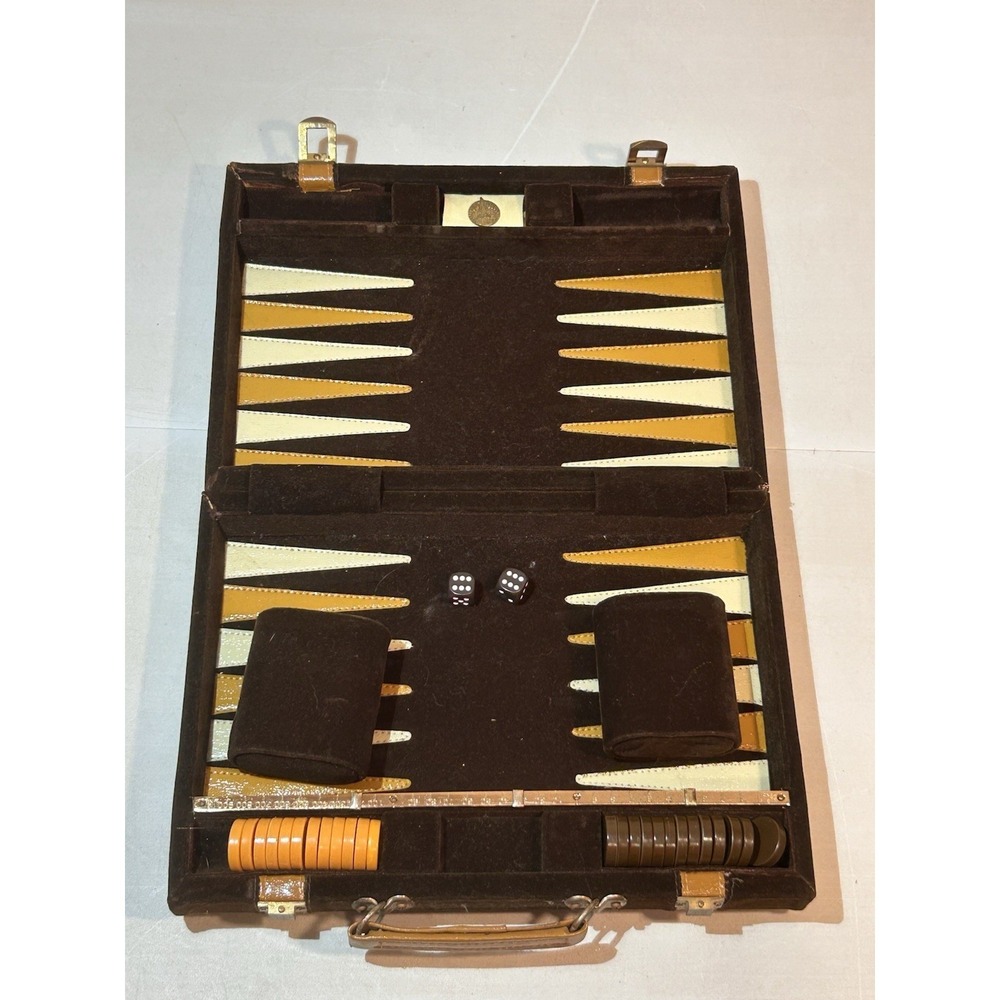 Vintage Aries Backgammon Brown Felt &‎ Brown Travel Case